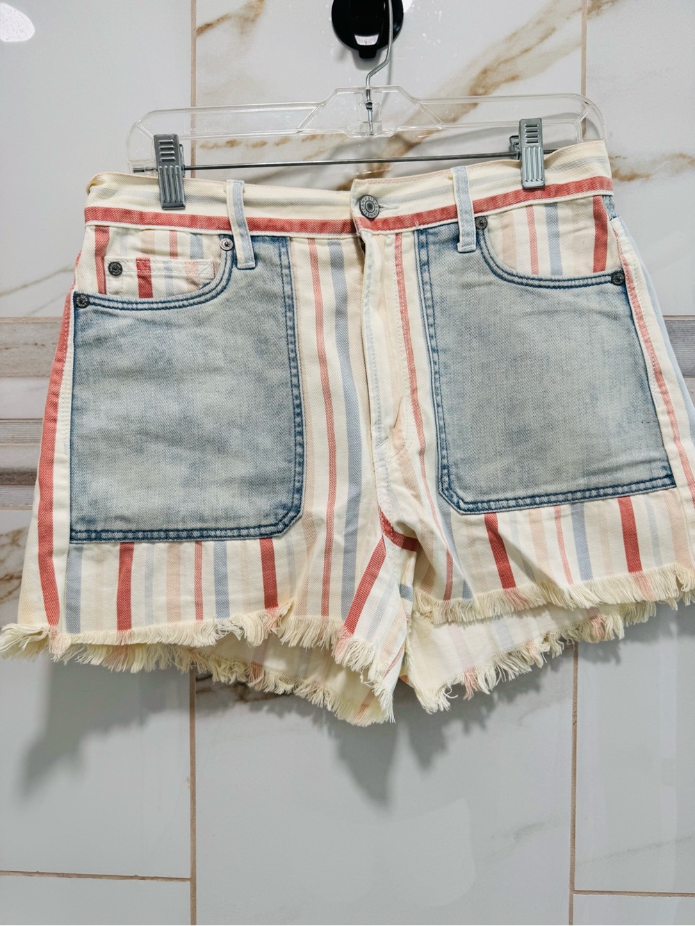 American Eagle Striped Denim Patchwork Cutoff Shorts Women’s Size 8 Festival Y2K - Picture 2 of 13